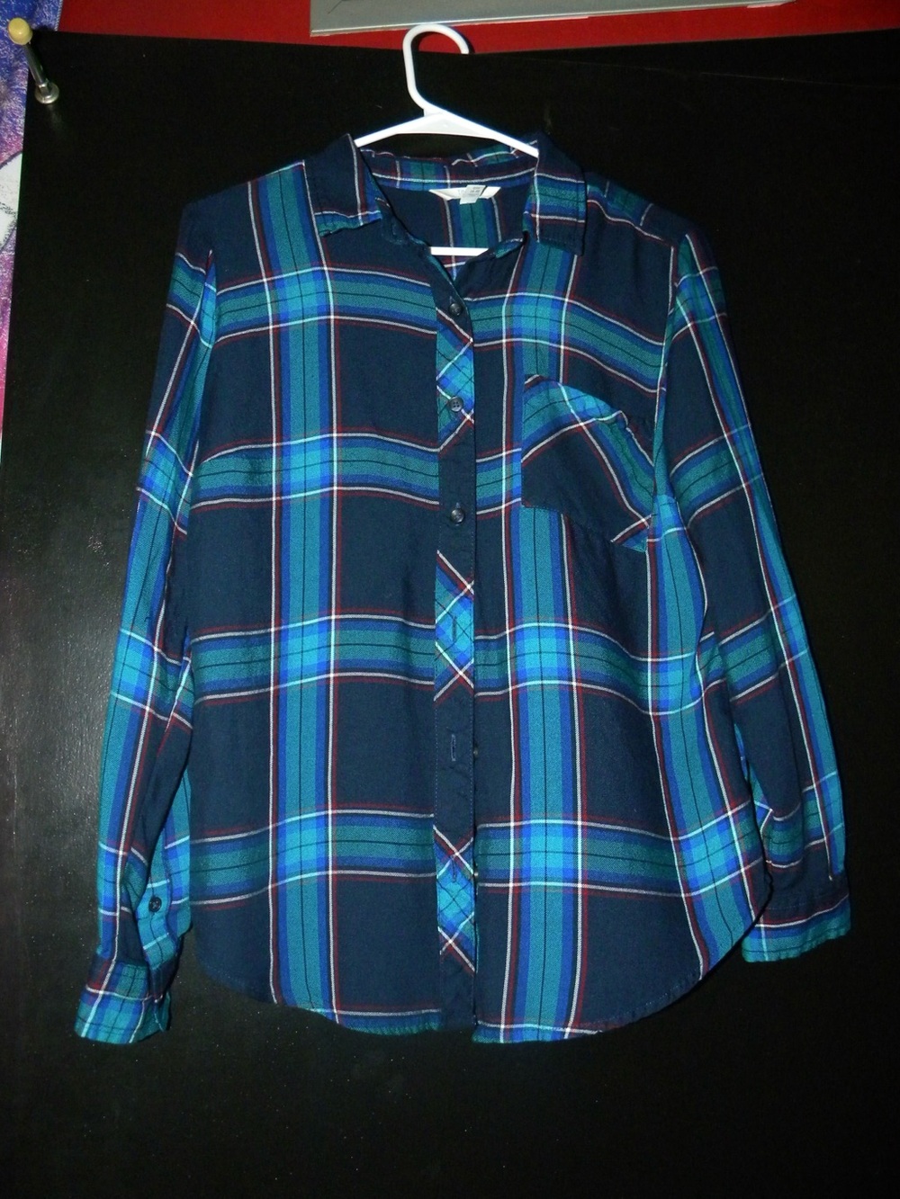 Time and Tru Navy and Blue Plaid Button-Down Shirt